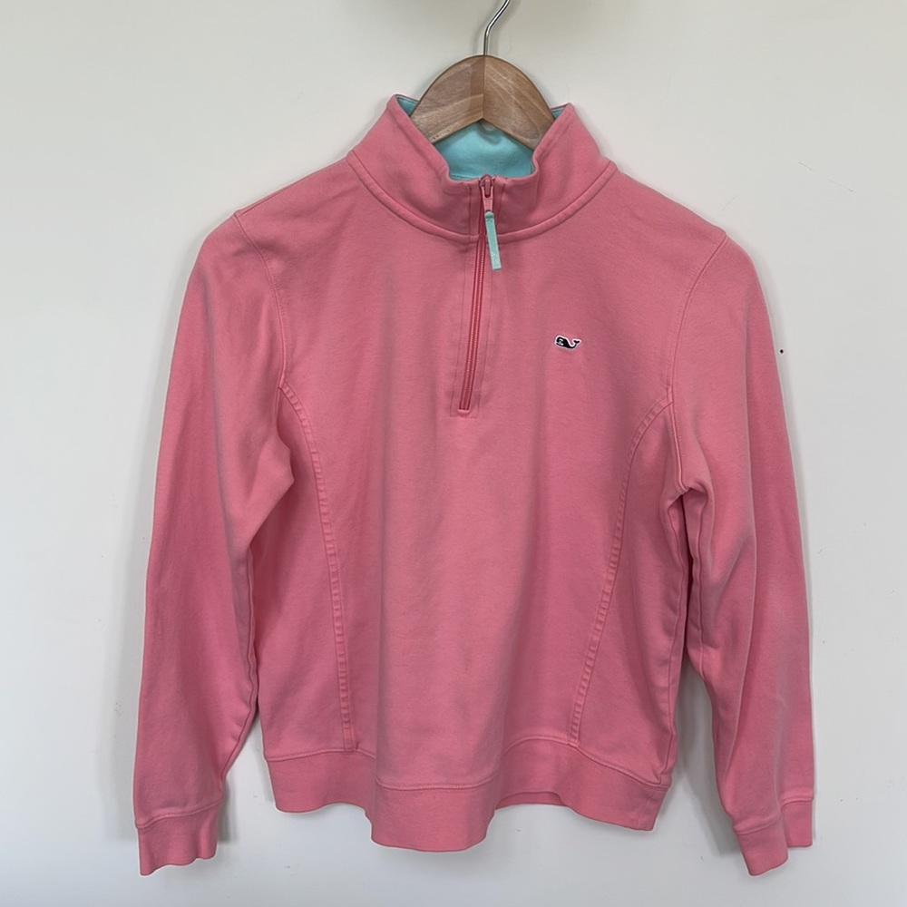 Vineyard Vines Women's Quarter Zip Pink/Light Blue Details Navy Whale Size M